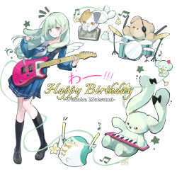  1girl absurdres bang_dream! bang_dream!_it's_mygo!!!!! black_socks blue_serafuku blue_shirt blue_skirt calico_(pattern) calico_cat character_name chinese_commentary closed_mouth commentary_request commission drum electric_guitar eyepatch full_body green_hair grey_neckerchief guitar happy_birthday highres holding holding_guitar holding_instrument if_happiness_is_a_circle_(meme) instrument keyboard_(instrument) kneehighs loafers long_hair long_sleeves looking_at_viewer meme musical_note neckerchief notice_lines pleated_skirt sailor_collar school_uniform second-party_source serafuku shirt shoes sidelocks skirt socks solo standing star_(symbol) stuffed_animal stuffed_penguin stuffed_rabbit stuffed_toy teddy_bear tsukinomori_school_uniform tu_ni_ni wakaba_mutsumi white_background white_sailor_collar winter_uniform yellow_eyes 