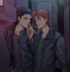  2boys alley black_hair black_jacket cigarette_kiss closed_eyes commentary english_commentary green_shirt highres jacket jojo_no_kimyou_na_bouken kakyoin_noriaki kookirani kujo_jotaro long_sleeves male_focus multiple_boys night outdoors purple_shirt red_eyes red_hair shirt stardust_crusaders 