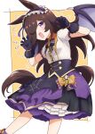  1girl animal_ears bat_wings black_gloves black_skirt blush border bow bowtie brooch brown_hair center_frills claw_pose commentary_request cowboy_shot frilled_hairband frills gloves hair_over_one_eye hairband halloween horse_ears horse_girl horse_tail jack-o&#039;-lantern_ornament jewelry kimukimu layered_skirt long_hair looking_at_viewer official_alternate_costume open_mouth purple_hairband purple_skirt rice_shower_(make_up_vampire!)_(umamusume) rice_shower_(umamusume) shirt short_sleeves simple_background skirt smile solo tail umamusume violet_eyes white_shirt wings yellow_background 