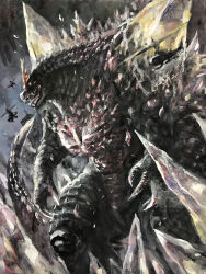  absurdres aircraft building city claws commentary_request crystal crystal_horns g.n.a giant giant_monster godzilla_(series) helicopter highres horns kaiju monsterverse no_humans no_pupils open_mouth outdoors partial_commentary redesign scales sharp_teeth single_horn skyscraper spacegodzilla spines tail teeth traditional_media white_eyes 
