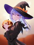  1girl alternate_costume black_dress blue_hair blush breasts dress food hair_between_eyes halloween halloween_costume hat highres holding holding_food holding_pumpkin holding_vegetable idolmaster idolmaster_shiny_colors light_smile looking_at_viewer looking_to_the_side medium_breasts pumpkin sakamomo solo suzuki_hana vegetable witch_hat 