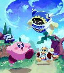  :d ^_^ armor aruco_co bandana black_eyes blue_bandana blue_eyes blue_sky blush blush_stickers brown_eyes cape cloak closed_eyes clouds cloudy_sky commentary_request day flower fur-trimmed_jacket fur-trimmed_sleeves fur_trim grass hat highres jacket jumping king_dedede kirby kirby_(series) long_sleeves looking_at_another magolor mask meta_knight no_humans open_clothes open_jacket open_mouth outdoors path pauldrons red_headwear red_jacket running shadow shoulder_armor sky smile tree waddle_dee waving white_cloak yellow_eyes 