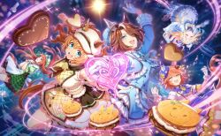  5girls animal_ears apron bad_link blonde_hair blue_dress blue_eyes blue_gloves blunt_bangs brown_hair buttons chocolate dress floating frilled_apron frills gloves green_eyes green_hat hat heart highres horse_ears horse_girl horse_tail matikanefukukitaru_(umamusume) multicolored_hair multiple_girls neo_universe_(umamusume) official_alternate_costume official_art orange_hair short_hair silence_suzuka_(umamusume) sounds_of_earth_(sonata_alla_menta)_(umamusume) sounds_of_earth_(umamusume) taiki_shuttle_(baa_baa_patisserie)_(umamusume) taiki_shuttle_(umamusume) tail umamusume upside-down white_hat 