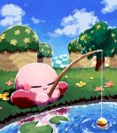  aruco_co blue_sky blush blush_stickers closed_eyes closed_mouth clouds day fishing fishing_rod flower grass highres hill holding holding_fishing_rod kirby kirby_(series) lily_pad no_humans on_grass outdoors pink_flower reflection reflective_water sitting sky smile solo tree water yellow_flower 