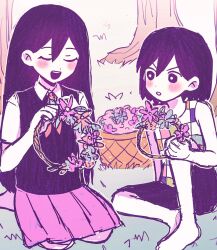  1boy 1girl :d bare_arms bare_legs bare_shoulders barefoot basket blush bright_pupils checkered_clothes closed_eyes collared_shirt colored_skin dot_nose double-parted_bangs flower flower_wreath full_body gradient_background grey_flower hair_behind_ear hair_between_eyes hand_up hands_up head_wreath highres holding_head_wreath kel_(headspace)_(omori) kel_(omori) knee_up knees_apart_feet_together long_hair looking_at_another mari_(headspace)_(omori) mari_(omori) medium_skirt neckerchief omori on_grass open_mouth outdoors outline parted_lips pink_flower pink_skirt pleated_skirt purple_hair purple_shorts purple_sweater_vest red_flower red_neckerchief seiza shirt short_hair short_sleeves shorts simple_background sitting skirt sleeveless sleeveless_shirt smile straight_hair sweater_vest tareme teeth tree u_u upper_teeth_only v-shaped_eyebrows very_long_hair violet_eyes watya_wacha white_background white_outline white_pupils white_shirt white_skin 
