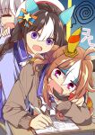  3girls =_= ? ahoge animal_ears blush bow braid brown_hair brown_sweater closed_eyes closed_mouth commentary_request copano_rickey_(umamusume) desk drooling ear_covers gloom_(expression) grey_hair hair_between_eyes hair_ornament hands_on_another&#039;s_shoulders head_rest highres hokko_tarumae_(umamusume) holding holding_pencil horse_ears horse_girl looking_at_viewer mouth_drool multicolored_hair multiple_girls notebook one_eye_closed open_mouth pencil purple_skirt school_desk school_uniform sitting skirt smile squiggle streaked_hair sweater tracen_school_uniform twin_braids umamusume violet_eyes wahiko_(black_bastard) white_bow white_hair window wonder_acute_(umamusume) writing 