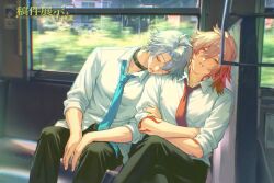  2boys alternate_costume arm_tattoo belt belt_buckle black_belt black_choker blonde_hair blue_necktie buckle chaoyinxing choker closed_eyes commentary_request crossed_arms feet_out_of_frame gradient_hair hair_between_eyes head_on_another's_shoulder honkai:_star_rail honkai_(series) male_focus medium_hair multicolored_hair multiple_boys mydei_(honkai:_star_rail) neck_tattoo necktie open_mouth parted_bangs parted_hair phainon_(honkai:_star_rail) red_hair red_necktie red_tattoo short_hair sitting sleeping sleeves_rolled_up tattoo train_interior 