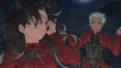  1boy 1girl archer_(fate) armor arms_up black_hair breastplate coat dark-skinned_male dark_skin fate/stay_night fate_(series) highres myhellody night red_coat spiky_hair tohsaka_rin white_hair 