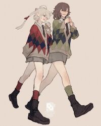  2girls alisaie_leveilleur black_necktie blue_eyes brown_hair commentary_request cup elezen elf final_fantasy final_fantasy_xiv green_socks grey_skirt highres holding holding_cup multiple_girls necktie open_mouth pointy_ears red_socks shoes simple_background skirt smile socks sphene_(ff14) sweater walking white_hair zerou_pan 