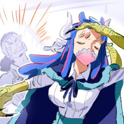  1boy 1girl adjusting_hair blue_cape blue_hair breasts cape claws closed_eyes commentary devil_fruit_power hand_on_own_head hitting horns jujutsu_kaisen large_breasts long_hair long_nose lowres mask meme mouth_mask naoya_hitting_choso_without_looking_(meme) neck_ribbon one_piece parody raine_(acke2445) ribbon shirt symbol-only_commentary transformation ulti_(one_piece) upper_body usopp white_shirt wing_collar 
