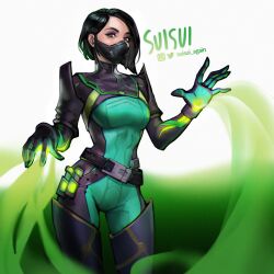  1girl artist_name asymmetrical_bangs belt black_hair bodysuit boots colored_smoke gas green_bodysuit green_eyes hair_behind_ear highres instagram_logo looking_at_viewer mask mouth_mask multicolored_bodysuit open_hands poison respirator short_hair signature simple_background smoke solo solo_focus suisui_again thigh_boots twitter_username two-tone_bodysuit upper_body valorant viper_(valorant) 