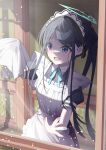  1girl absurdres apron aris_(blue_archive) aris_(maid)_(blue_archive) black_hair blue_archive blue_eyes halo highres long_hair looking_at_viewer maid maid_apron maid_headdress miya_illuster side_ponytail solo 