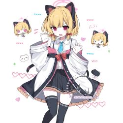 >_< 1girl :p animal_ear_headphones animal_ears black_skirt black_thighhighs blonde_hair blue_archive blue_necktie blush bow buttons cat_ear_headphones cat_ears chibi chibi_inset chinese_commentary claw_pose collared_shirt commentary_request commission fake_animal_ears feet_out_of_frame frilled_jacket frilled_skirt frills hair_bow halo hands_up headphones heart heichuanze jacket long_sleeves looking_at_viewer lossy-lossless low-tied_sidelocks momoi_(blue_archive) multicolored_jacket necktie off_shoulder open_mouth parted_bangs pink_eyes pink_halo pink_jacket pleated_skirt red_bow shirt short_hair sidelocks simple_background skirt smile sparkle suspender_skirt suspenders thigh-highs tongue tongue_out unbuttoned v-shaped_eyebrows watermark white_background white_jacket white_shirt wide_sleeves 