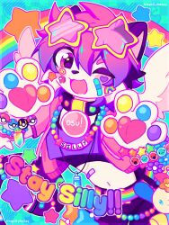  1other :3 absurdres animal_collar animal_ears animal_hands animal_nose aqua_background bandaid bandaid_on_cheek bandaid_on_face bracelet cat cat_ears cat_paws cat_tail checkered_background collar colorful commentary cowboy_shot crewmate_(among_us) crop_top cropped_hoodie cropped_shirt decora double-parted_bangs english_commentary eyewear_on_head flower_bracelet furry genderfluid_flag glasses great_ball happy highres hood hoodie jewelry kingsillyspace master_ball necklace one_eye_closed open_mouth original pawpads pink_eyes pink_hair pink_hoodie poke_ball pokemon purple_ears purple_shirt purple_shorts purple_tail rainbow red_(among_us) sanrio shirt shirt_under_shirt short_hair shorts sillyband_(kingsillyspace) star-shaped_eyewear star_(symbol) sticker stuffed_animal stuffed_toy taiko_no_tatsujin tail ultra_ball usahana wada_don wada_katsu white_fur white_wings wings 