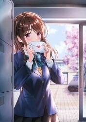  1girl black_skirt blazer blue_bow blue_bowtie blue_jacket blue_sky blush bow bowtie brown_eyes brown_hair brown_sweater cherry_blossoms clouds collared_shirt commentary_request covering_own_mouth cowboy_shot dot_nose envelope falling_petals hair_ornament hairclip hands_up highres holding holding_envelope holding_letter indoors jacket letter locker long_hair long_sleeves looking_at_viewer love_letter open_door original petals pleated_skirt rapnit revision school school_uniform shirt skirt sky sliding_doors solo sweater tree white_shirt 