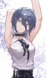  1girl armpits arms_up black_choker black_ribbon blue_hair chainsaw_man choker collared_shirt green_eyes grenade_pin hair_between_eyes head_tilt long_bangs looking_at_viewer neck_ribbon piao_miao reze_(chainsaw_man) ribbon shirt short_hair sidelocks sleeveless sleeveless_shirt smile solo stretching upper_body white_shirt 