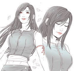 1girl arm_ribbon bare_shoulders black_hair black_vest breasts closed_eyes commentary crop_top crylin6 earrings falling_petals final_fantasy final_fantasy_vii final_fantasy_vii:_advent_children jewelry light_blush lips long_hair medium_breasts midriff_peek multiple_views navel parted_lips petals pink_lips red_eyes red_ribbon ribbon sparkle swept_bangs tank_top teardrop_earrings tifa_lockhart upper_body vest white_background white_petals white_tank_top zipper 
