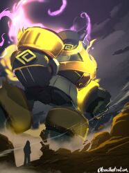  2others absurdres alternate_size aqua_skin asymmetrical_eyes aura bo_(bouillustration) clenched_hands clouds cloudy_sky colored_skin commentary_request giant golem golurk highres light_particles mega_golurk mega_pokemon mixed-language_commentary multiple_others pokemon pokemon_(creature) pokemon_focus sky standing twitter_username wasteland yellow_trim 