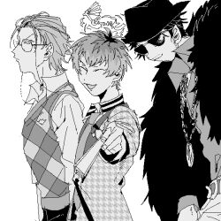  3boys :d ^_^ adam's_apple amayado_rei arms_at_sides beard_stubble belt belt_buckle buckle chain chain_necklace cheekbones choppy_bangs closed_eyes coat collared_shirt commentary_request contrast_collar contrast_lapels cowboy_shot curtained_hair dotsuitare_hompo eyewear_strap facial_hair facing_viewer fedora fingernails folded_fan folding_fan from_side fur_coat gingham_sweater_vest glasses greyscale group_name hair_slicked_back hand_fan hat holding holding_fan houndstooth hypnosis_mic jacket jaggy_lines jewelry lapel_pin lapels long_sleeves looking_at_viewer loose_hair_strand male_focus monochrome multicolored_hair multiple_boys multiple_necklaces mustache_stubble necklace necktie nurude_sasara open_mouth pants pointing pointing_at_viewer profile roots_(hair) round_eyewear serious shirt short_hair sideburns simple_background sleeves_rolled_up smile stubble suit suit_jacket sunglasses tsutsujimori_rosho uchi_fxxk v-shaped_eyebrows very_short_hair white_background 