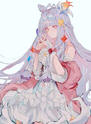  1girl blue_flower braid cone_hair_bun dress dress_flower fate/grand_order fate_(series) flora_(fate) flower flower-shaped_pupils flower_hairband hair_bun hair_flower hair_ornament highres k_7s long_hair long_sidelocks low-tied_sidelocks monocle pink_shawl purple_flower shawl sidelocks solo symbol-shaped_pupils very_long_hair white_background white_dress white_hair yellow_flower 