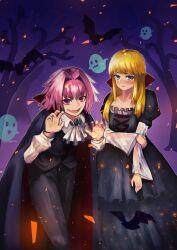  1boy 1other absurdres alternate_costume androgynous ascot astolfo_(fate) bat_(animal) black_bow black_cloak black_dress blonde_hair blue_eyes blush bow chevalier_d'eon_(fate) cloak dress embers fang fate/apocrypha fate_(series) feet_out_of_frame floating_embers ghost hair_bow hair_intakes halloween_costume high_collar highres keka_(user_sgch4854) long_hair male_focus multicolored_hair open_mouth pink_hair skin_fang smile streaked_hair two-sided_cloak two-sided_fabric vampire_costume violet_eyes white_hair 