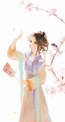  1girl absurdres banbi bird braid braided_hair_rings branch brown_hair bug butterfly chinese_clothes closed_mouth cone_hair_bun dress flower green_eyes hagoromo hair_bun hair_ornament hair_rings hand_fan hanfu highres holding holding_fan long_hair long_sleeves looking_up peach_blossom shawl smile solo tuanshan white_background yanxi_yanxi 