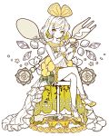  1girl cup dress elina_(e2n04n) flower_ornament fork hair_ornament holding holding_cup original ribbon sitting spoon teacup white_dress yellow_footwear 