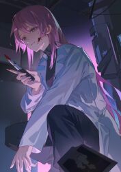  1girl absurdres bang_dream! bang_dream!_it's_mygo!!!!! black_pants blood blood_on_face blood_on_knife chihaya_anon chinese_commentary coat commentary_request hair_between_eyes highres holding holding_knife knife light_particles long_hair long_sleeves looking_at_viewer nagasaki_soyo pants parted_lips photo_(object) pink_hair pink_pupils squatting was775 white_coat 