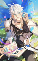  1boy :d absurdres aglaea_(honkai:_star_rail) antenna_hair armor black_choker black_shirt blue_cape blue_eyes blue_sky blush book cape castorice_(honkai:_star_rail) choker cipher_(honkai:_star_rail) coat floating_cape flower forget-me-not_(flower) hashtag-only_commentary highres holding holding_book honkai:_star_rail honkai_(series) hyacine_(honkai:_star_rail) hysilens_(honkai:_star_rail) little_ica_(honkai:_star_rail) looking_at_viewer male_focus mydei_(honkai:_star_rail) neck_tattoo on_grass parted_bangs pauldrons phainon_(honkai:_star_rail) photo_(object) shirt short_hair shoulder_armor single_pauldron sitting sky smile solo sun_symbol sun_tattoo tattoo tribios_(honkai:_star_rail) tubakkkki65 white_coat white_hair 