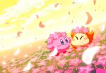  ^_^ arms_up aruco_co blue_eyes blurry blurry_foreground blush blush_stickers closed_eyes closed_mouth clouds cloudy_sky commentary falling_petals field flower flower_field flower_wreath glowing glowing_petals head_wreath kirby kirby_(series) looking_at_another no_humans outdoors petals pink_flower sky smile symbol-only_commentary waddle_dee yellow_sky 