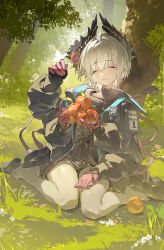  1girl absurdres apple arknights barefoot bird_girl black_feathers black_gloves black_jacket bug butterfly butterfly_on_hand chinese_commentary closed_eyes commentary_request day extra_arms facing_viewer feathers flower food forest fruit full_body gloves grass grey_hair hair_flower hair_ornament head_wings highres holding holding_food holding_fruit jacket long_sleeves lushi_jin_up multicolored_gloves nature on_grass outdoors parted_lips pink_gloves raidian_(arknights) short_hair sitting smile solo two-tone_gloves wings 
