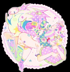  absurdres animal_ear_piercing animal_ears antenna_hair bacteria blood blood_bag chervya colored_eyelashes commentary heterochromia highres industrial multicolored_eyes multicolored_hair original pale_skin patterned_eyes pink_eyes polka_dot polka_dot_hair solo striped_hair symbol-only_commentary syringe tail white_hair yami_kawaii 