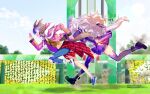  2girls animal_ears biwa_hayahide_(umamusume) blue_eyes blurry blurry_background breasts full_body glasses grey_hair hair_ornament highres horse_ears jacket large_breasts long_hair multiple_girls narita_taishin_(umamusume) open_mouth quatraise running shoes short_hair sky thigh-highs twitter_username umamusume 