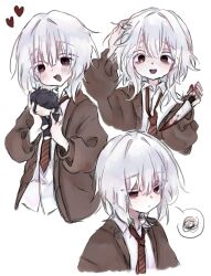  1boy akinashi_haru bags_under_eyes blood blood_on_knife blush brown_cardigan cardigan character_doll collared_shirt crazy doll dress_shirt hand_in_own_hair happy hashtag-only_commentary heart holding holding_knife holding_stuffed_toy keiznta0229 knife multiple_views necktie red_eyes red_necktie saihate_eki shirt spoken_squiggle squiggle stuffed_toy tatsunami_shion white_hair white_shirt 