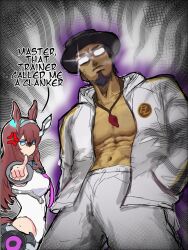  1boy 1girl anger_vein animal_ears commentary desuuuu ear_ornament english_commentary english_text facial_hair fedora glasses glowing_glasses goatee grey_hairband grey_leotard hairband hands_in_pockets hat highleg highleg_leotard highres horse_ears horse_girl horse_tail jacket leotard looking_at_viewer lowleg lowleg_skirt mihono_bourbon_(mb-19890425)_(umamusume) mihono_bourbon_(umamusume) open_clothes open_jacket pointing silver_hairband skirt sparkle tail trainer_kuronuma umamusume veins white_leotard 