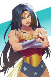  1girl bare_shoulders black_hair blue_background blue_eyes circlet closed_mouth commentary cowboy_shot crossed_arms dc_comics english_commentary eyelashes highres lasso_of_truth long_hair looking_to_the_side sheep_shin solo superhero_costume toned toned_female v-shaped_eyebrows white_background wonder_woman wonder_woman_(series) 