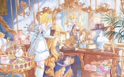  2girls absurdly_detailed_composition absurdres artificial_flower artist_name bare_shoulders black_bow black_gloves black_hat black_thighhighs blonde_hair blue_eyes blue_flower blue_gem blue_rose boots borrowed_accessory bottle bow box box_of_chocolates bust_(sculpture) candelabra candle candlestand closed_mouth commentary_request compact_(cosmetics) cosmetics cup detached_sleeves dress drill_hair drill_sidelocks earrings floral_print flower flower_pot food fruit gem genshin_impact gloves golden_rose hair_bow hair_flower hair_ornament hand_on_another's_head hand_on_another's_shoulder hand_up hat hat_flower heart-shaped_box highres indoors jewelry lemon lemon_slice lily_(flower) lipstick_tube loaded_interior long_hair looking_at_another looking_at_mirror looking_at_self lumine_(genshin_impact) macaron makeup_brush marble_(stone) marble_sculpture mirror multiple_girls nail_polish navia_(genshin_impact) painting_(object) parted_lips partially_fingerless_gloves perfume_bottle pink_flower pink_rose pitcher_(container) plate reflection revision rose rose_print samovar saucer selzara ship's_wheel_ornament short_hair_with_long_locks sidelocks sitting slice_of_life smile sparkling_eyes standing table tea teacup thigh-highs thigh_boots umbrella umbrella_stand unworn_earring unworn_hat unworn_headwear unworn_jewelry vanity_table vase very_long_hair wallpaper_(object) white_boots white_dress white_flower white_lily yellow_eyes yellow_flower yellow_rose 