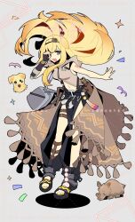  1girl absurdres animal animal_ears arknights bare_shoulders black_pants blonde_hair blue_eyes breasts brigid_(arknights) brown_jacket bu_luori chinese_commentary clothing_cutout commentary_request commission dog dog_ears dog_girl floating_hair full_body grey_background grey_bag hair_floating_upwards hairband hand_over_eye hand_up highres hood hood_down jacket leg_cutout long_hair looking_at_viewer medium_breasts midriff open_mouth pants sample_watermark sandals smile solo tassel tattoo watermark 