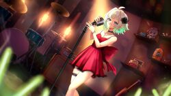  1girl absurdres ahoge alternate_costume aqua_hair black_choker blue_eyes character_doll choker closed_mouth densetsu.exe doll dress grey_hair highres holding holding_microphone holding_microphone_stand looking_at_viewer medium_hair microphone microphone_stand miku_(mikururun) mint_fantome nimi_nightmare red_dress sleeveless sleeveless_dress smile solo thigh_strap virtual_youtuber 