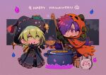  1boy 1girl :o black_dress black_headwear blush_stickers byleth_(female)_(fire_emblem) byleth_(fire_emblem) cape cauldron chibi closed_mouth commentary_request dress english_text enlightened_byleth_(female) fire fire_emblem fire_emblem:_three_houses fire_emblem_warriors:_three_hopes green_eyes green_hair hair_between_eyes hair_over_one_eye halloween halloween_costume happy_halloween hat hood hood_up hooded_cape long_hair nzmnnkk one_eye_covered orange_cape purple_fire purple_hair shez_(fire_emblem) shez_(male)_(fire_emblem) short_hair violet_eyes witch witch_hat 