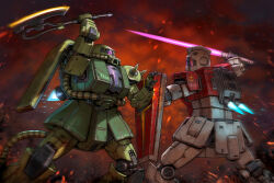  absurdres artofwill assault_visor axe battle broken_shield commentary crack cracked_glass damaged earth_federation_space_forces embers energy_sword english_commentary exhaust feet_out_of_frame gm_(mobile_suit) gundam heat_hawk highres holding holding_axe holding_sword holding_weapon mecha mecha_focus mobile_suit mobile_suit_gundam no_humans one-eyed red_eyes robot science_fiction shoulder_spikes smoke sparks spikes standing sword thrusters weapon zaku_ii zeon 