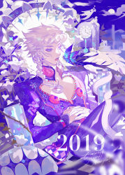  1boy 2019 absurdres analog_clock angel angel_wings aranloce arrow_(jojo) bug butterfly clock commentary earrings flower giorno_giovanna happy_new_year highres horns jewelry jojo_no_kimyou_na_bouken ladybug_ornament long_hair signature snake vento_aureo victory_rolls wings 