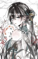  1girl absurdres bare_shoulders beads black_hair blue_eyes chinese_clothes closed_mouth dress earrings fish flower goldfish hair_between_eyes hair_bun hair_ornament hand_fan highres holding holding_fan honkai:_star_rail honkai_(series) ink_wash_painting jewelry long_hair looking_at_viewer looking_back multicolored_hair ponytail ruan_mei_(honkai:_star_rail) smile solo streaked_hair tuanshan upper_body wuyaolare 