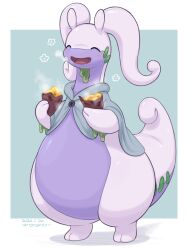  blush border closed_eyes colored_skin commentary dated english_commentary food full_body gomuhimo_(nawataro) goodra green_background highres holding holding_food large_tail no_humans open_mouth outside_border pokemon pokemon_(creature) purple_skin roasted_sweet_potato shadow simple_background slime_(substance) solo standing sweet_potato tail white_border 