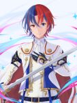  1boy alear_(fire_emblem) alear_(male)_(fire_emblem) belt black_gloves blue_eyes blue_hair buckle cape closed_mouth crossed_bangs fire_emblem fire_emblem_engage gloves hair_between_eyes highres holding holding_sword holding_weapon long_sleeves looking_at_viewer multicolored_hair red_eyes redhead short_hair solo split-color_hair sword two-tone_hair user_njvu2422 weapon white_background 
