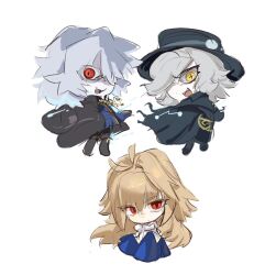  1girl 2boys ahoge archetype_earth arcueid_brunestud bare_shoulders blonde_hair blue_coat blue_skirt boots chibi chibi_only coat commentary_request detached_sleeves dress edmond_dantes_(fate) fangs fedora fur_coat gio_dwinter hair_intakes hair_over_one_eye hat highres long_hair long_skirt medium_hair melty_blood melty_blood:_type_lumina multiple_boys overcoat partially_shaded_face red_eyes serious sharp_teeth sketch skirt teeth tsukihime tsukihime_(remake) vlov_arkhangel white_dress white_hair yellow_eyes 