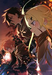  1girl 2boys ahoge black_gloves black_jacket blonde_hair blush brown_cloak brown_eyes brown_hair cloak closed_mouth commentary_request dutch_angle earrings facial_mark fire forbartz_xylo forest gloves highres jacket jewelry lens_flare looking_ahead luzulas_dotta multiple_boys nature open_mouth red_eyes scar scar_across_eyebrow scar_on_face small_sweatdrop smile spiky_hair sun sunset taigaai4649 teoritta upper_body white_cloak worried yellow_eyes yuushakei_ni_shosu 