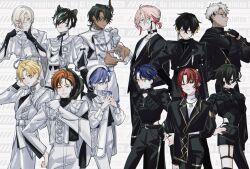  6+boys ;) adapted_costume adjusting_necklace aiguillette alternate_costume animal_ears aqua_hair aragami_oga arm_at_side arurandeisu astel_leda asymmetrical_clothes asymmetrical_sleeves barcode barcode_tattoo belt beret black_belt black_choker black_gloves black_hair black_jacket black_nails black_pants black_ribbon black_shirt black_vs_white blonde_hair blue_eyes blue_hair brooch chain chain_necklace choker clothing_cutout collar_chain_(jewelry) collarbone colored_inner_hair comb_over commentary cowboy_shot crew_neck cropped_jacket crossed_bangs curtained_hair dark-skinned_male dark_skin demon_horns earrings elbow_gloves everyone expressionless feet_out_of_frame fingerless_gloves flower four-finger_heart_hands glasses gloves gold_trim green_eyes grey_eyes grey_hair grin hair_between_eyes hair_flower hair_ornament hair_over_one_eye hair_over_shoulder hairclip hanasaki_miyabi hand_on_own_head hand_on_own_hip hat heart heart_hands heterochromia highres hip_vent hitodama holostars horns jackal_boy jackal_ears jackal_tail jacket jewelry kageyama_shien kanade_izuru kishido_temma lapel_pin lapels layered_sleeves long_hair long_sleeves looking_at_viewer low_ponytail male_focus mandarin_collar medium_hair minase_rio mole mole_under_eye momiage_40 multicolored_hair multiple_boys nail_polish neck_ribbon neck_tattoo necklace notched_lapels o-ring o-ring_choker one_eye_closed open_clothes open_jacket open_mouth orange_eyes orange_hair own_hands_together padded_jacket pants parted_bangs parted_lips pink_hair ponytail profile purple_hair red_hair ribbon rikka_(holostars) shirt short-sleeved_jacket short_hair short_over_long_sleeves short_sleeves shoulder_pads sideways_glance single_horn single_pantsleg sleeve_garter smile standing star_(symbol) star_brooch star_earrings steepled_fingers streaked_hair symbol-only_commentary tail tassel tattoo thigh_strap three-quarter_sleeves thumb_ring triangle_earrings turtleneck turtleneck_shirt two-tone_hair undercut upper_body utsugi_uyu violet_eyes virtual_youtuber watermark white_background white_belt white_hair white_hat white_jacket white_pants white_shirt yatogami_fuma yellow_eyes yukoku_roberu 