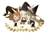  3girls animal arknights bird black_dress black_headwear brown_hair chibi dress green_hair grey_pantyhose hat holding holding_animal holding_bird indai_(3330425) long_sleeves muelsyse_(arknights) multiple_girls owl owl_ears pantyhose pointy_ears ptilopsis_(arknights) silence_(arknights) simple_background teardrop_tattoo white_background white_hair witch_hat yellow_eyes 