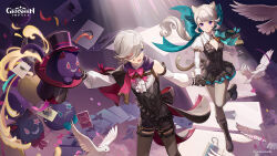  1boy 1girl animal_ear_fluff animal_ears bird black_boots black_gloves black_pantyhose boots brother_and_sister brown_hair cat_ears cat_girl cat_tail closed_mouth commentary english_commentary facial_mark genshin_impact gloves hat highres huge_bow knee_boots long_hair long_sleeves lynette_(genshin_impact) lyney_(genshin_impact) official_art pantyhose pigeon running siblings smile star_(symbol) star_facial_mark tail top_hat twins very_long_hair violet_eyes 